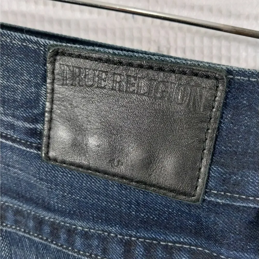 TRUE RELIGION! FAB DEEP BLUE, LOGO POCKET OMBRE FADE STRAIGHT LEG JEANS! SZ 36